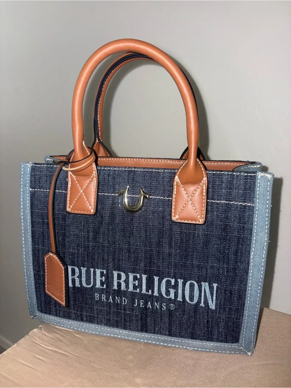 True Religion Denim & Tan Leather Top-Handle/Crossbody Tote